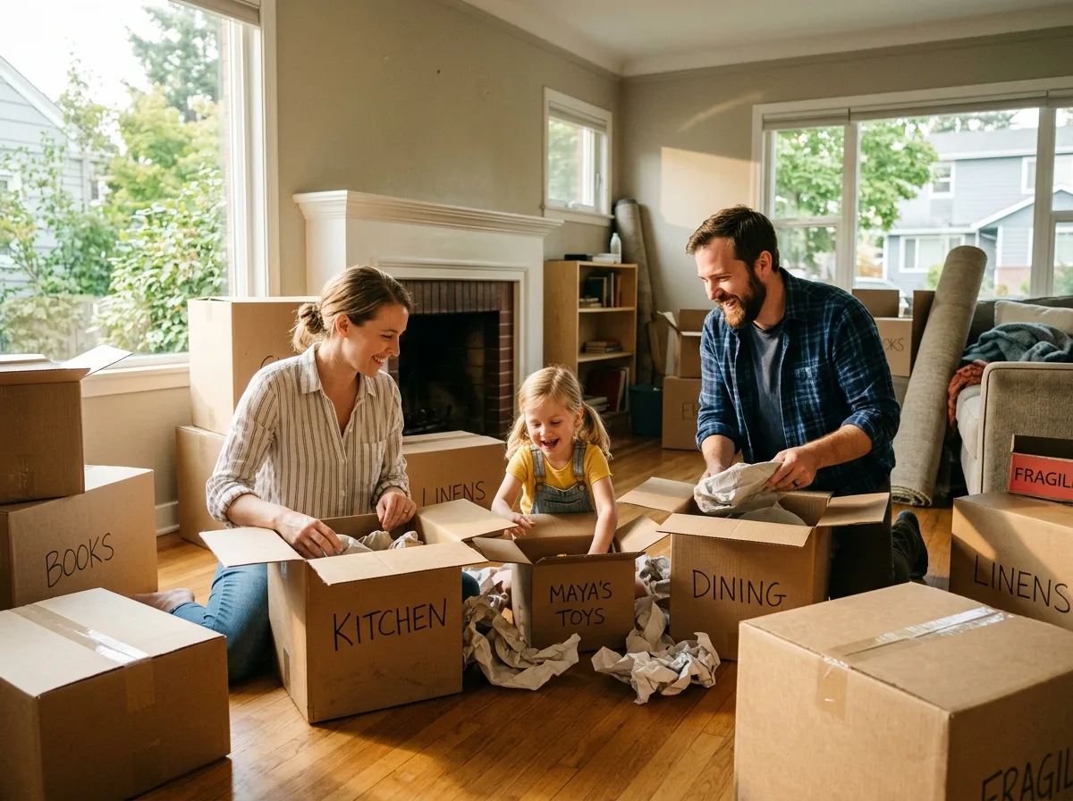 A family unpacking moving boxes together in the living room of their new home