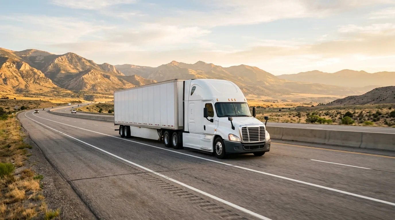 A long-distance moving truck driving on an open interstate highway