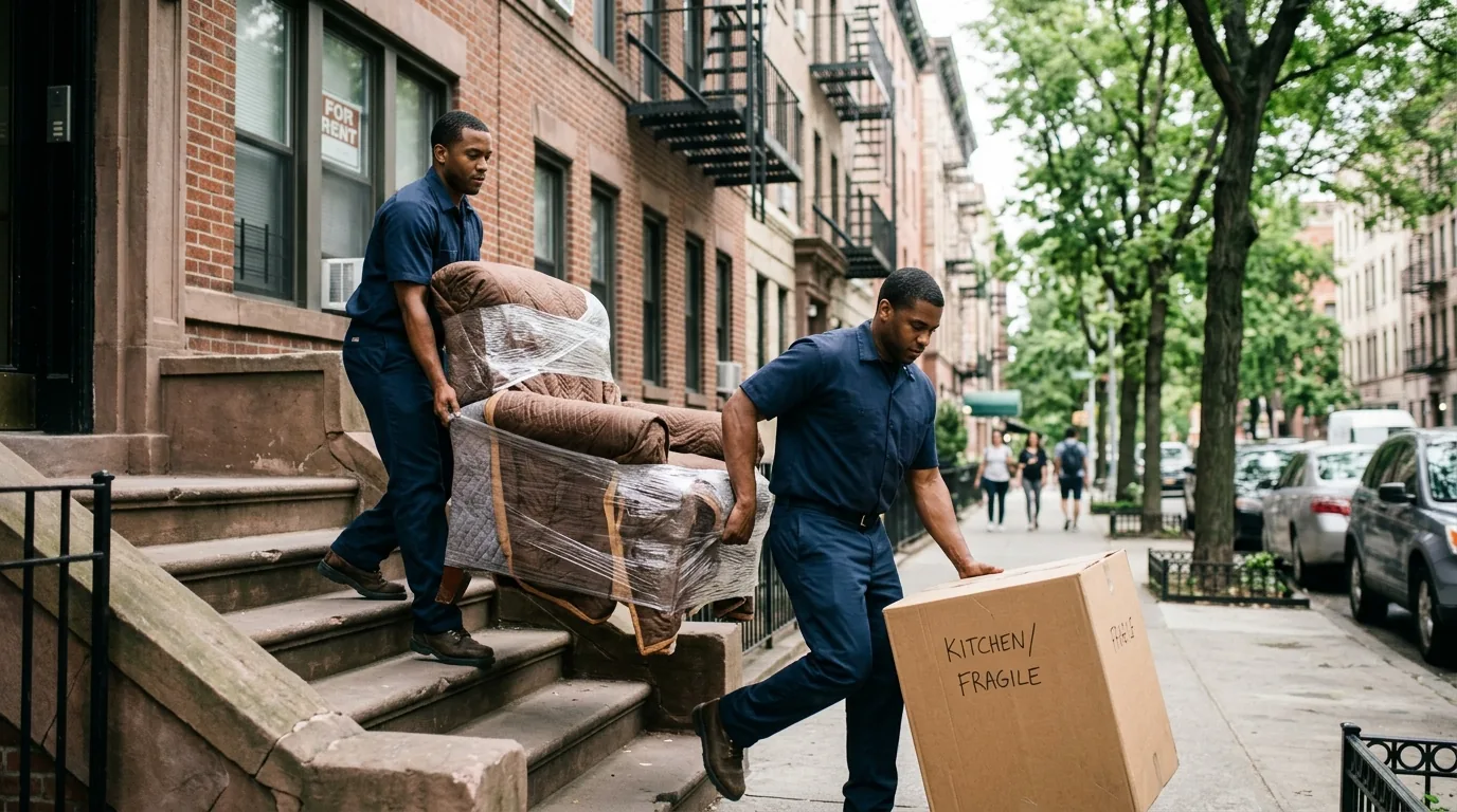 Movers carrying boxes and furniture out of an apartment building, similar to housing in Fargo