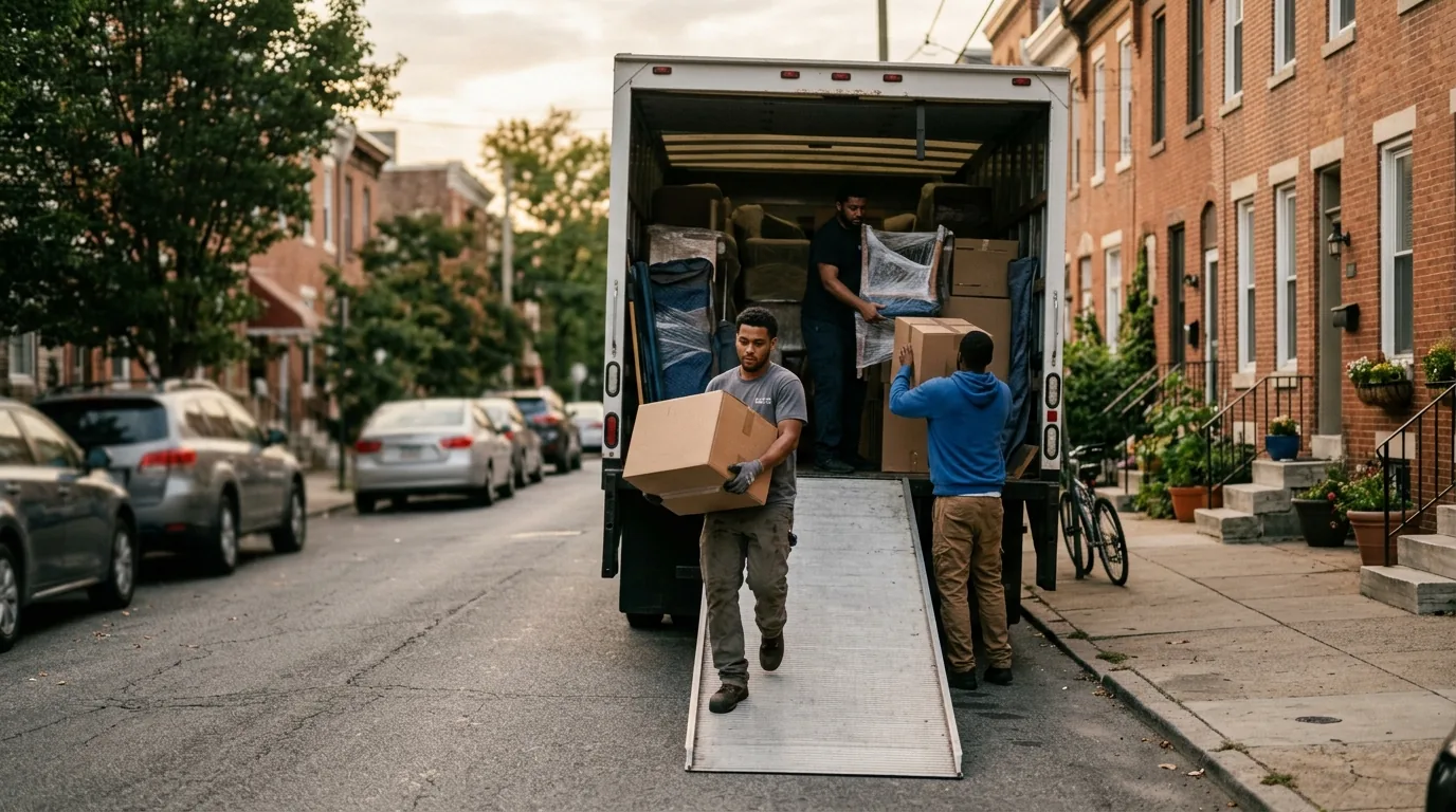 Movers unloading a truck on a residential city street, similar to arrival day in Fargo