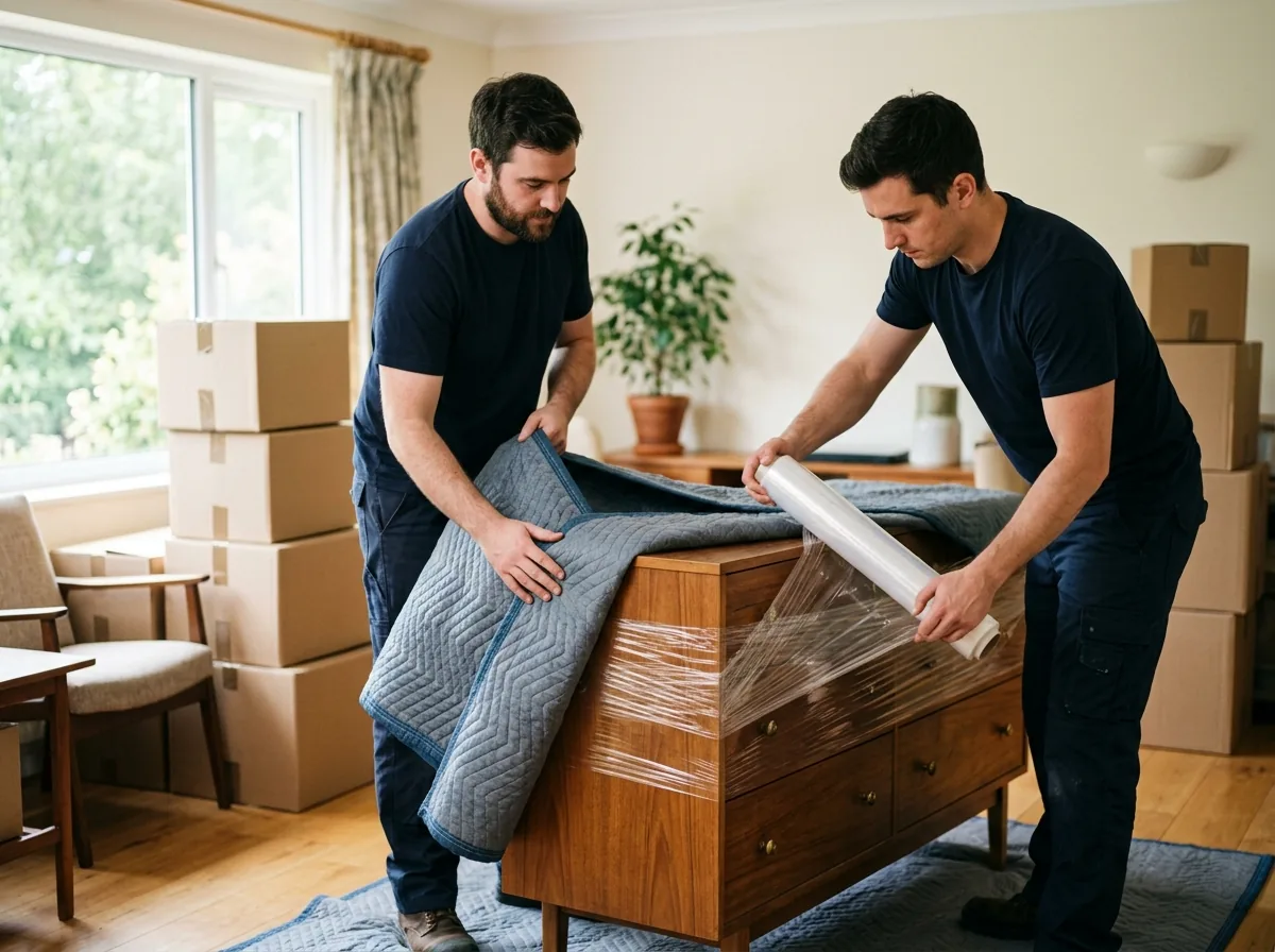 Two movers wrapping a wooden dresser in moving blankets before loading it
