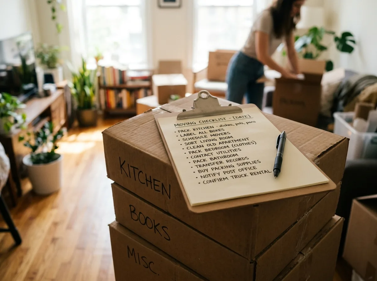 A written moving checklist on a clipboard resting on packed boxes