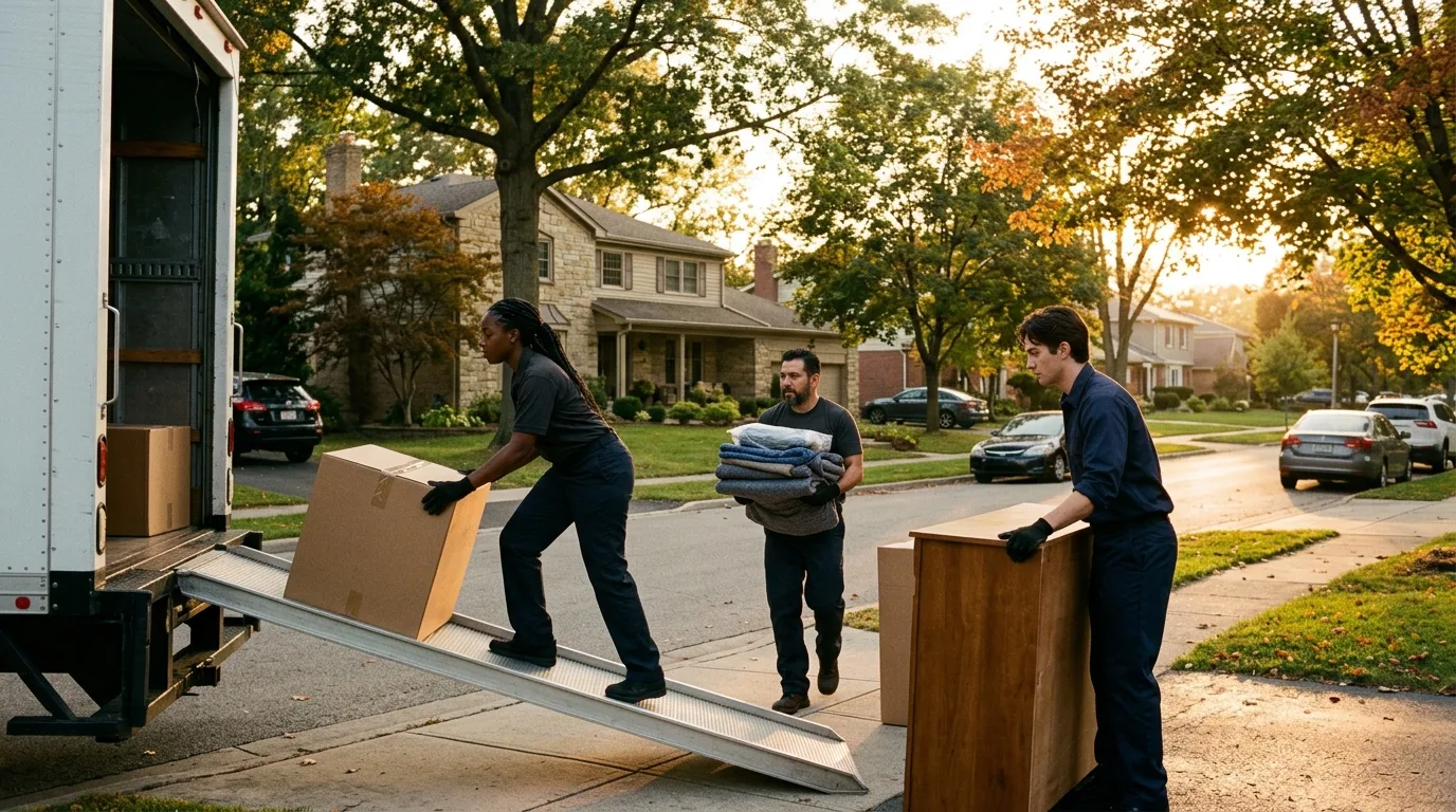Professional moving crew loading boxes and furniture into a moving truck outside a suburban home