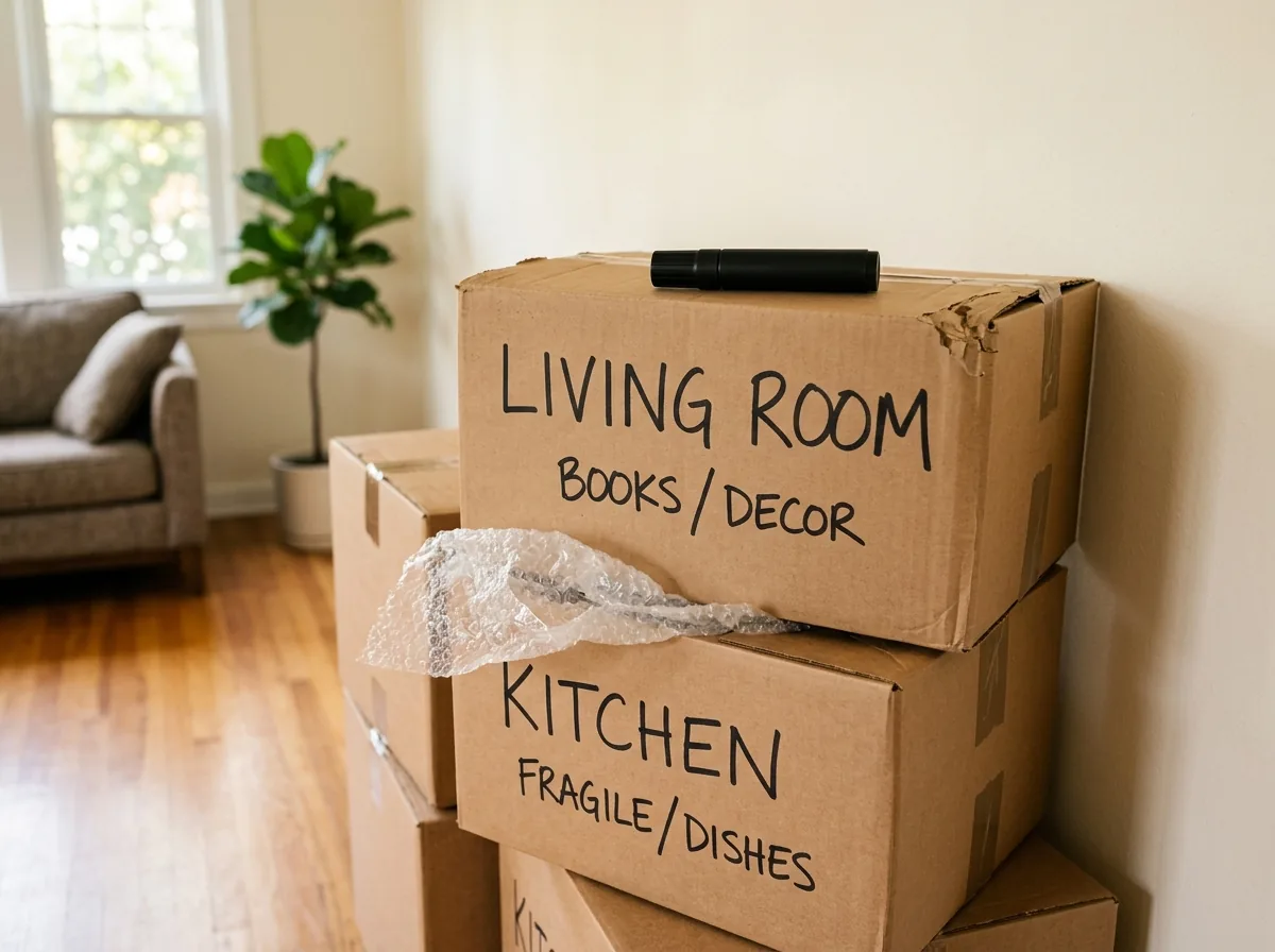 Neatly labeled cardboard moving boxes packed and ready to load