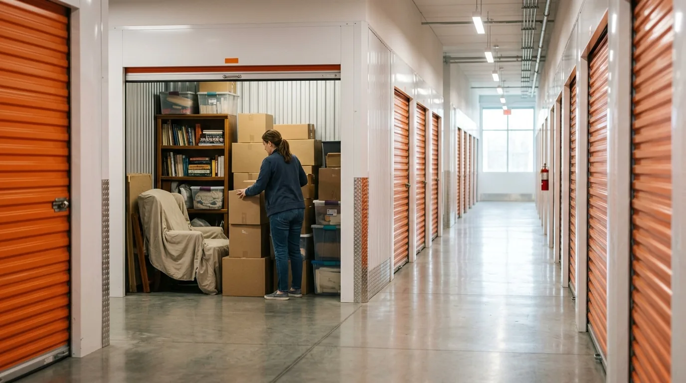 Rows of self-storage units in a clean, well-lit facility